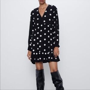 Zara Black & White Polka Dot Long Sleeve Dress V-Neck Pom Pom